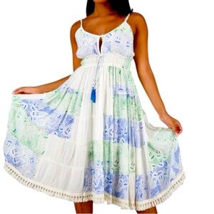 Serenity Sands Boho Patchwork Midi Dress made in India w Tassels & Fringe 24959